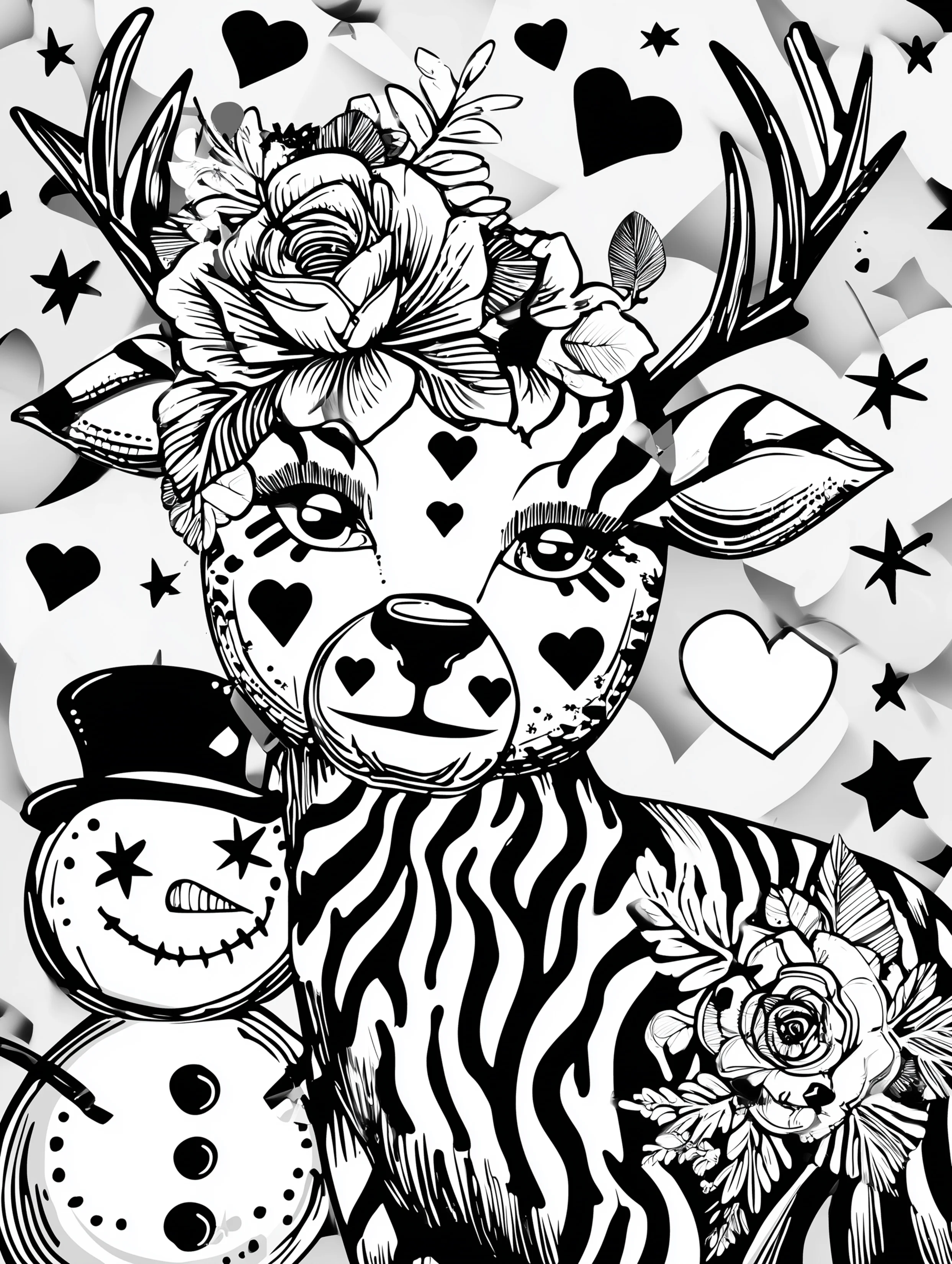 Free printable reindeer coloring page for adults featuring a reindeer with a snowman